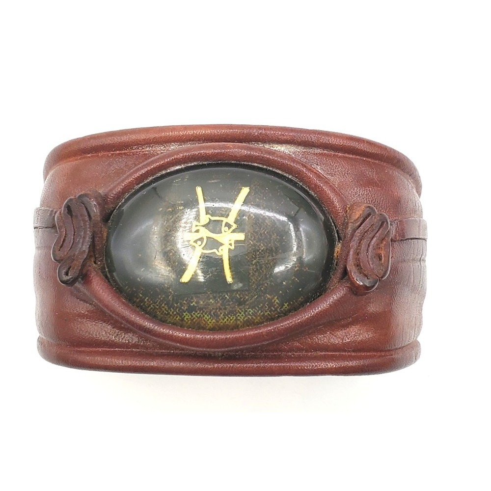 Vtg 1970s Leather Cuff Zodiac Pisces Bracelet
